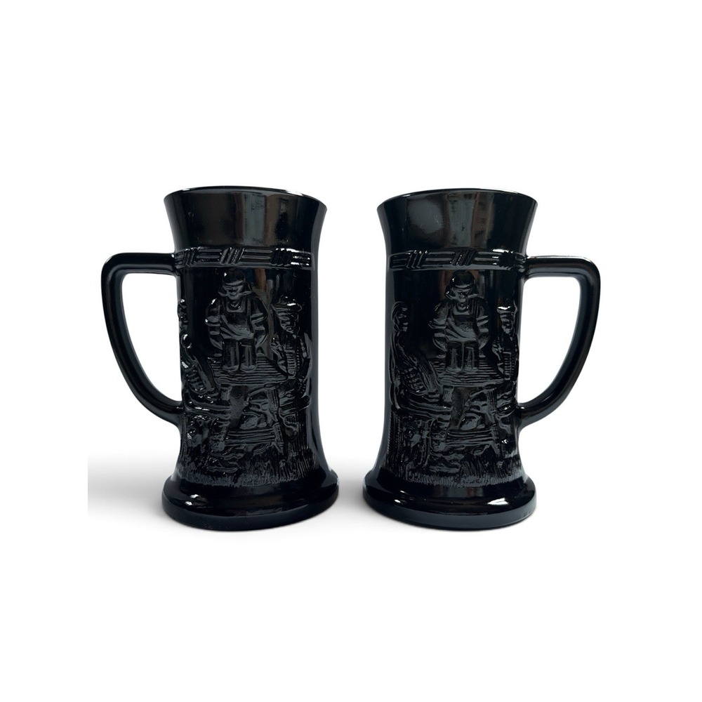 Vintage Set 2 MCM Indiana Glass Beer Stein Black Amethyst Glass Tavern Scene EUC